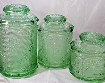 VINTAGE TIARA Indiana Sandwich Glass Canister Set CHANTILLY Green