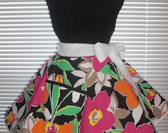 Fifties Style Sweetheart Retro Apron Wildflowers paired with Black Cotton Floral Circular Flirty Skirt