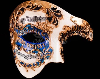 Men's Masquerade Mask, Blue Phantom Mask, Ivory Phantom of the Opera Mask, Mask with Music Notes, Masquerade Mask Men, Mardi Gras