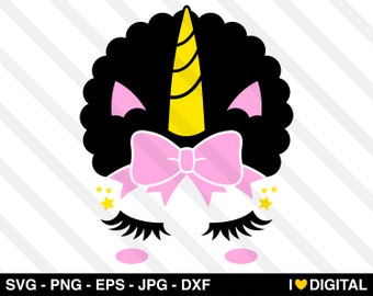 Unicorn Face SVG Vector - Afro Puff Png Eps Jpg Dxf Printable Art Silhouette Cute Black Girl Magic African American Shirt Kawaii Cricut Kids