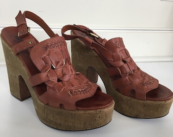 70's inspired platform , chunky cork heels leather sandals size 8.5