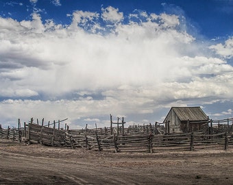 Western Corral Fence and Shipyard out West under a Cloudy Blue Sky No.06912 - A Fine Art Architectural Farm Ranch Landscape Photograph