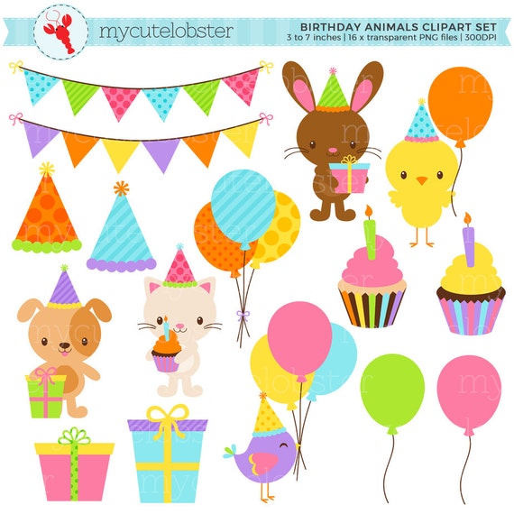 Cute Birthday Animals Clipart Set clip art set of party