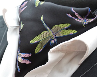 Cravat Ascot. UK Made. Black Green Purple Gold Iridescent Dragonfly Cravat+Hanky