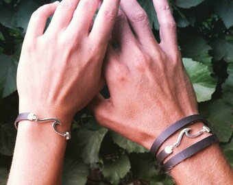 Bracelet Set, Boho Leather Bracelets, Couple's Set, Leather Set, His and Her, Surfer Jewelry, Couple Bracelet, Wave Charm, Sea Bracelets