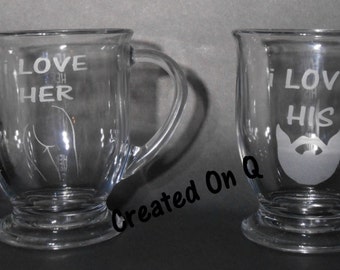 Love his beard love her butt etched glass coffee mug set