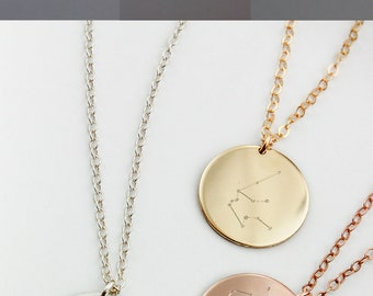 Custom Constellation Necklace • Zodiac Sign Necklace • Leo, Aquarius, Libra, Scorpio Pendants • Gold Disc Necklace, Rose Gold, Silver Circle
