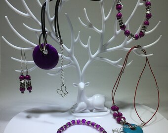 Jewelry Set Magenta Riverstone, Purple Glass, Purple Magnesite Necklace, Bracelet, & Earrings