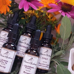 Fresh Herb Tincture w/ Organic Grape Alcohol - 1oz Liquid Extract Lemon Balm California Poppy Chamomile Elder St Johns Wort Motherwort Sage
