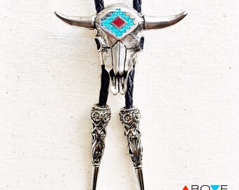 Southwestern BOLO TIE with Cow Skull and Genuine Turquoise - The 'Sacred Bull' Bolo Tie