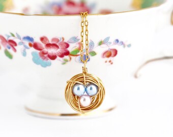 New Mom Gift - Blue and PInk Eggs - Bird Nest Necklace - Push Present - Pearl Eggs - Gold Nest Necklace - Wire Nest Necklace
