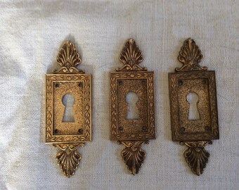 Vintage Antique 1940s French Escutcheon Key Hole Keyhole Covers Brass 3 (three) pieces