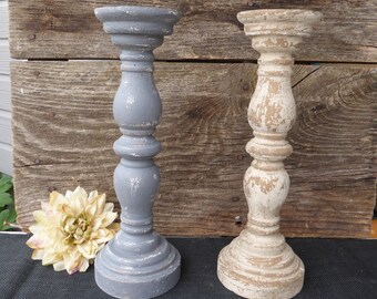 Distressed Gray or Creamy White Wood Pillar Candle Holder Stick Candlestick Home Urban Farmhouse Modern Vintage French Country Cottage