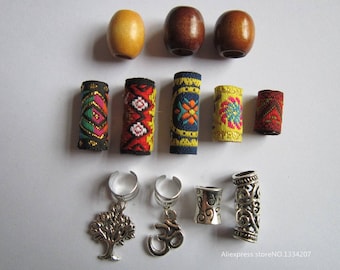 12Pcs/Lot mix wooden metal fabirc hair braid dread dreadlock beads clips cuff
