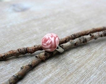 Pink flower ring, red rose ring, ceramic rose ring, silvery ring, ceramic flower ring, romantic rose ring, gift for her, romantic gift,
