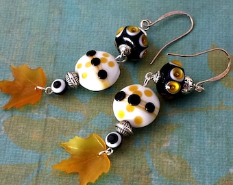 Yellow, Orange, Black, and White Polka Dot Lampwork Earrings, Leaf Drop NE180