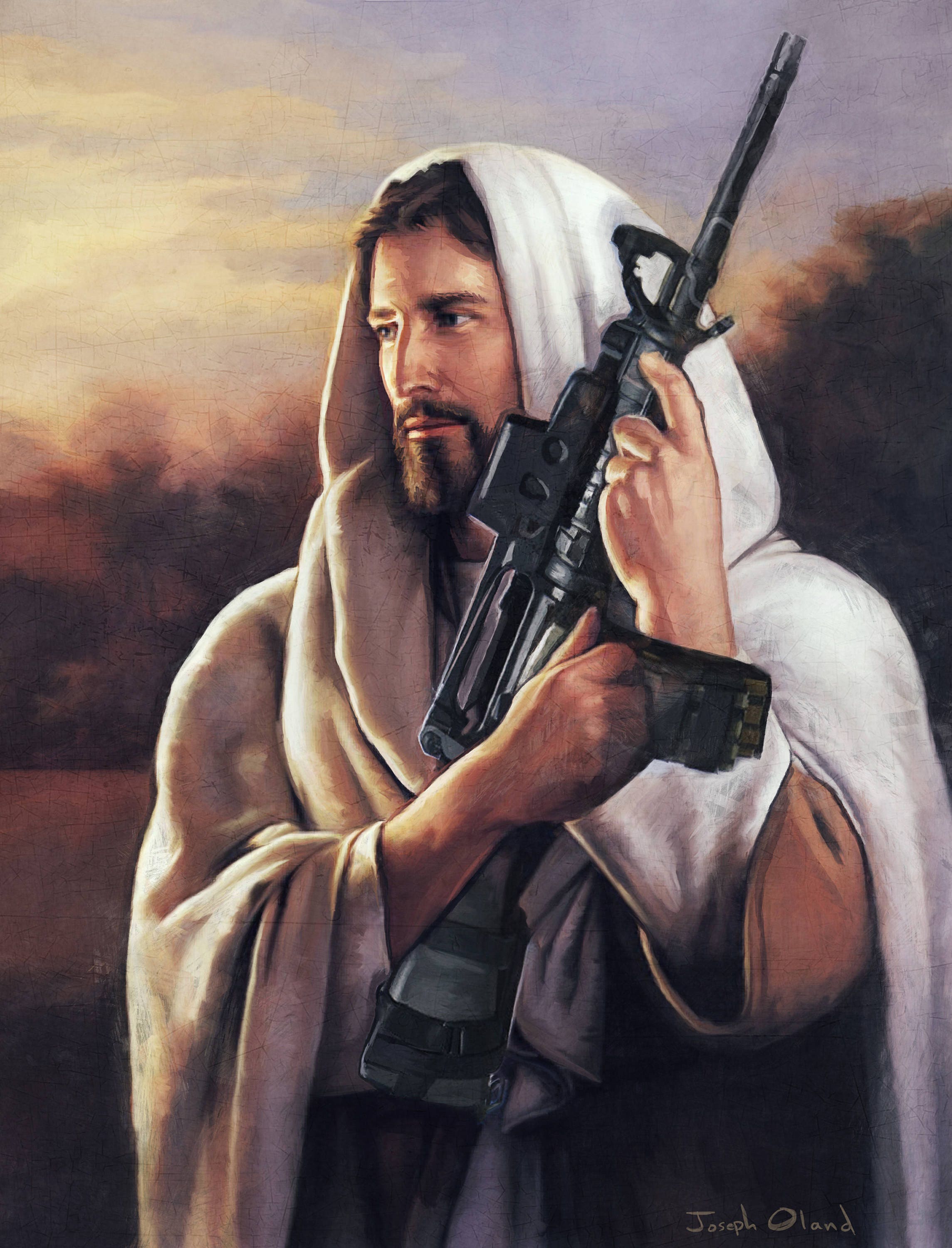 Painting of Jesus holding an assault rifle.