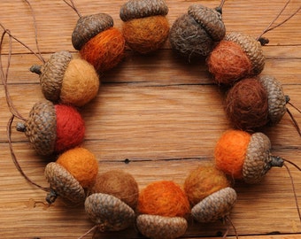 Orange Felted Wool Acorns or Acorn Ornaments, Set of 12