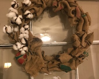 Burlap coffee sack wreath with cotton accent