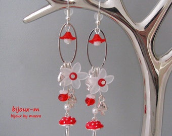 Costume jewelry earrings red and white flowers and mushrooms