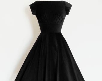 Deep Black Velvet Evening - Audrey Hepburn - Dress with Circle Skirt and Cap Sleeves - Made by Dig For Victory