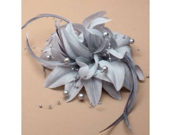 silver fascinator, wedding fascinator, wedding hair piece, flower fascinators, elegant hair piece, grey flower clip, ladies day hair piece