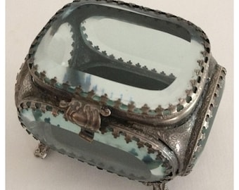 SALE Antique Vintage Rare Art Nouveau Deco Silver Plated Beveled Glass Rectangle Jewelry Casket Trinket Box