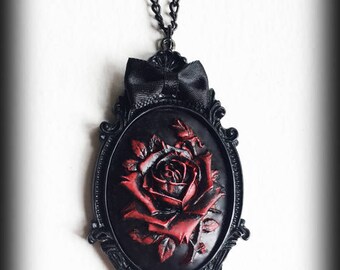 Red Rose Necklace, Gothic Victorian Cameo Pendant, Antique Red Rose, Gothic Jewelry, Romantic Jewelry, Handmade Necklace, Valentines Gift
