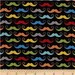 NERDY GEEK MUSTACHES Fabric by the yard colorful mustaches on black print cotton