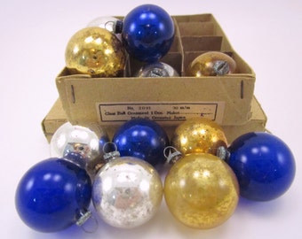 Occupied Japan Mercury Glass Feather Tree Ornaments, Boxed Set of 12