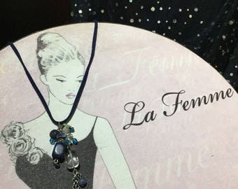 Chunky Necklace/ Lapis Lazuli & Glass Bead/ Leather Cord Necklace