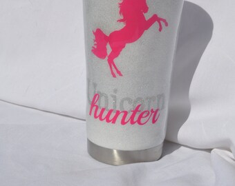 White Glitter Dusted Unicorn Hunter Yeti or Ozark Trail Tumbler- Customizable