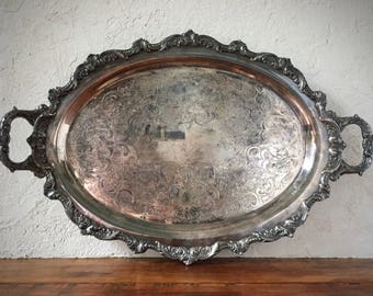Vintage Silver Tray, Silver-Plated Serving Platter, Oval Platter, HEAVY