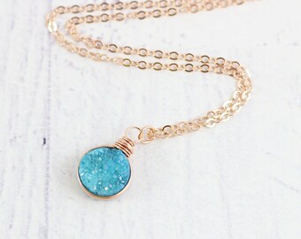 Sky Blue Druzy Necklace, Bridesmaid Necklace, Rose Gold Necklace, Druzy Pendant Necklace, Wire Wrap Necklace, Druzy Geode Necklace