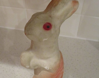 White and orange Easter bunny rabbit. Paper mache candy container.