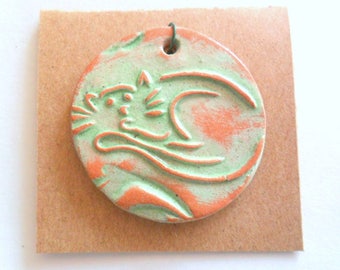Kitty Cat Distressed Green Glazed Terra Cotta Pendant Finding