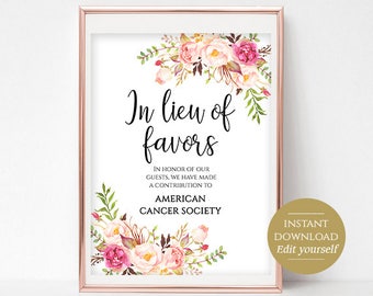 In Lieu Of Favors Sign Wedding Donation Sign Donate to Charity Wedding Favor Sign Instead of Favors 4x6, 5x7, 8x10 Pastel Blooms Editable