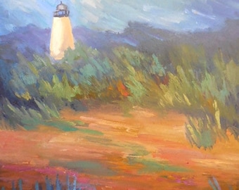 Lighthouse Painting, Daily Painting, Small Oil Painting, "Lighthouse on the Marsh" 11x14", Free Shipping in US