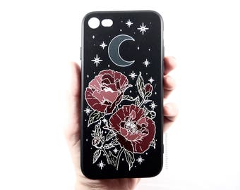Moon Goddess Market Art Soft Black Matte Rubberized Iphone case | Poppies | Magic | Moon | Crescent