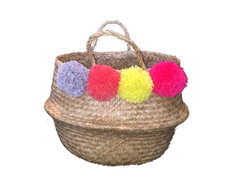 Woven pompom basket