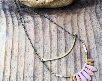 Soar - Brass Metalwork Necklace - Rose, Black, Cream Glass Bead Brass Long Necklace - Artisan Tangleweeds Jewelry