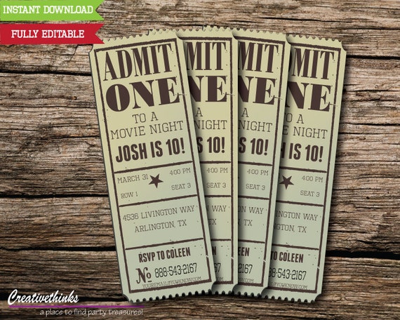 editable vintage movie ticket invitation digital file template for ticket invitation