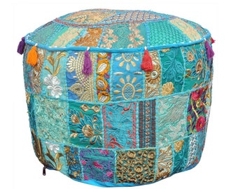 Indian Living Room Pouf, Foot Stool, Round Ottoman Cover Pouf,Traditional Handmade Decorative Patchwork Ottoman Cover,18X13"