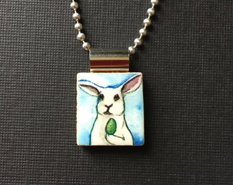 Bunny jewelry, rabbit jewelry, Easter gift, handmade Easter gift, bunny pendant, bunny necklace, recycled scrabble tile jewelry, watercolor