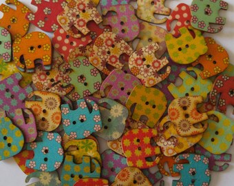 4 Wooden Elephant Buttons, Multi Color Buttons - #SB-00381