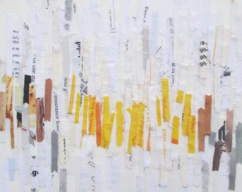 Mixed Media Acrylic collage painting, lines painting, abstract art, recycled paper art, yellow line