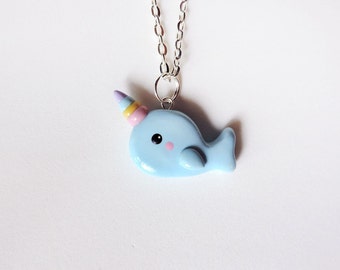 Rainbow Horn Blue Narwhal Necklace Kawaii Polymer Clay Jewelry