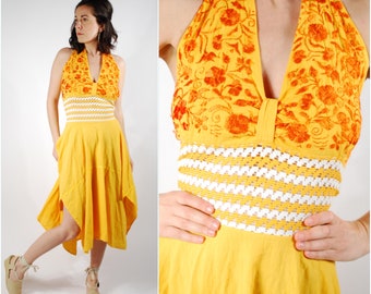 1970's Mexican Halter Dress - 70's Yellow Embroidered Sundress - Boho Hippie Dress - Size S/M