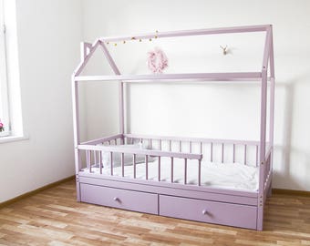 Montessori wood house bed crib with removable railing and drawers