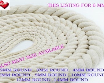 6mm 100% x 1meter Natural Pure Cotton Rope 3Strand Braided Twisted Cord Twine Sash